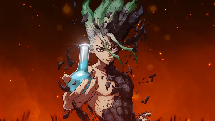 Senku Ishigami from Dr. Stone holding a flask 4K