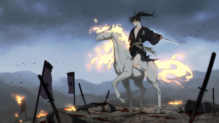 Hyakkimaru on a flaming horse in a battlefield