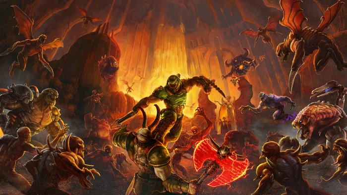 Doom Slayer fighting demons in hell