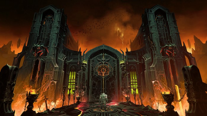 Doom Slayer in front of a hellish gate