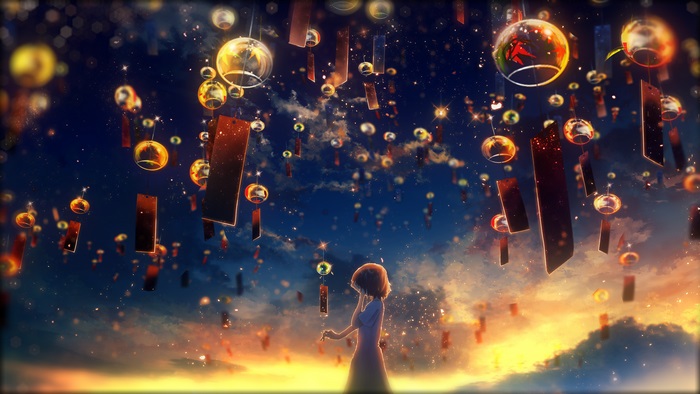 Anime, Girl, Crying, Sunset, Sky Lantern, 4K