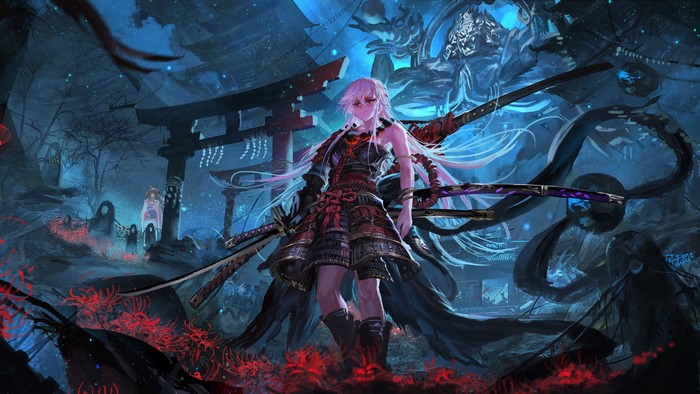 Samurai woman with swords in a dark forest