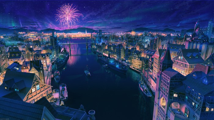Anime City at Night with Fireworks and Aurora