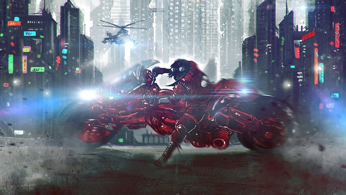 Kaneda's Motorcycle from Akira in a Sci-Fi City 4K