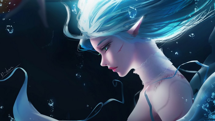 Mermaid with blue hair underwater