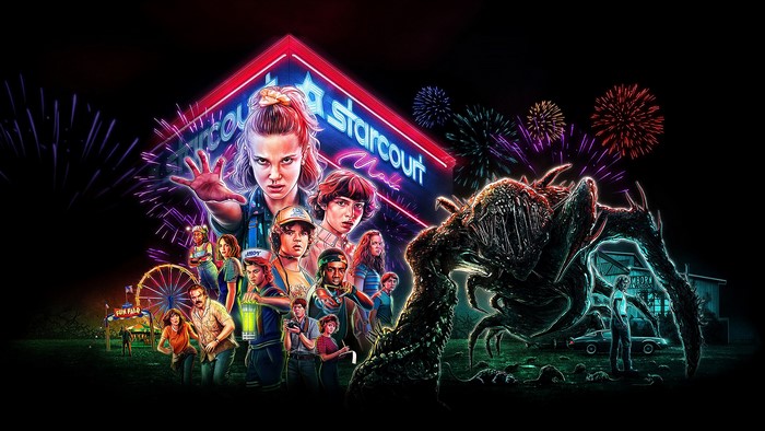 Stranger Things Season 3 Poster with Demogorgon and Starcourt Mall