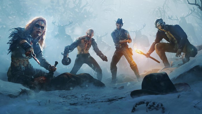 Survivors fighting zombies in a snowy forest