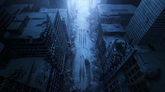 Post-apocalyptic city street with figures and vehicle