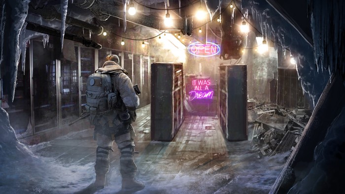 Man in winter gear in icy abandoned store with neon signs