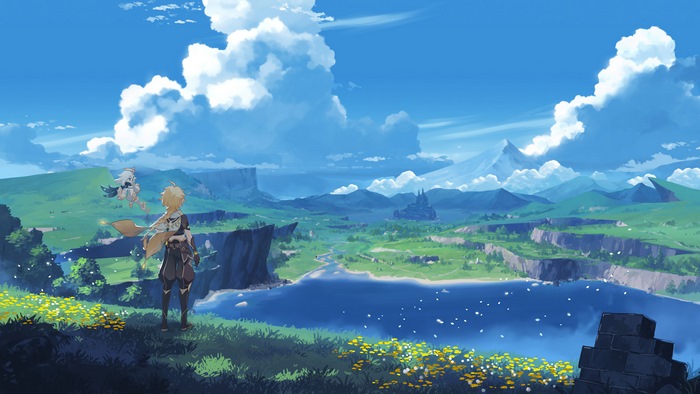 Aether and Paimon from Genshin Impact in a landscape