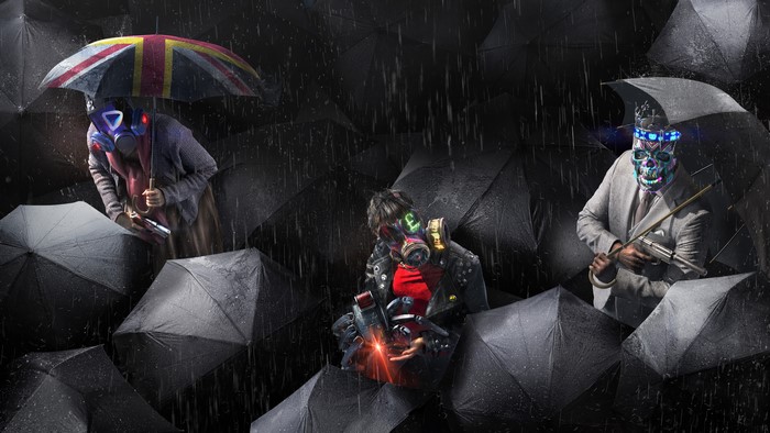 Three figures in gas masks holding guns under umbrellas in the rain