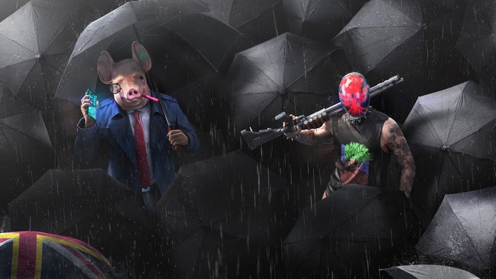 Man with pig mask and man with red mask holding guns