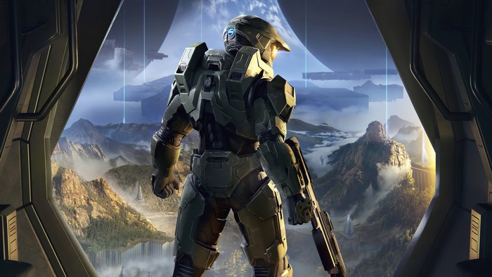 Master Chief from Halo looking out over a landscape
