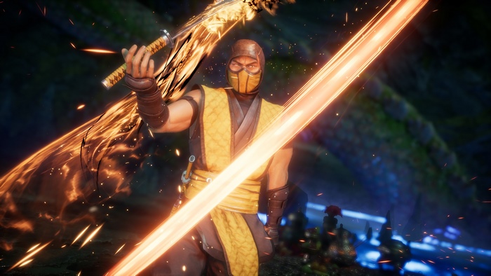 Scorpion with flaming katanas from Mortal Kombat 11 4K