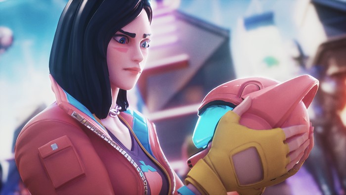 Rox from Fortnite holding a pink helmet 4K
