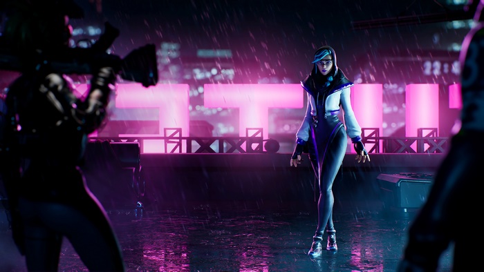 Fortnite character in a neon-lit city at night