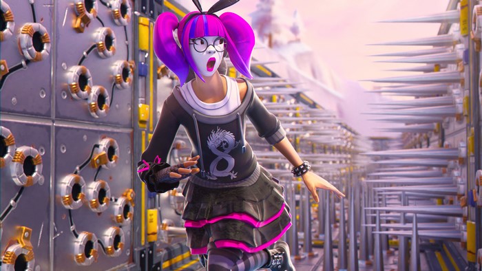 Fortnite character with purple pigtails and mask