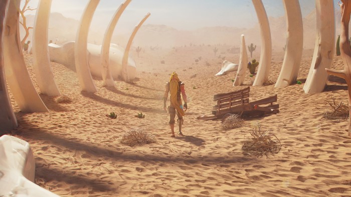 Bunker Jonesy from Fortnite in a desert landscape with giant bones