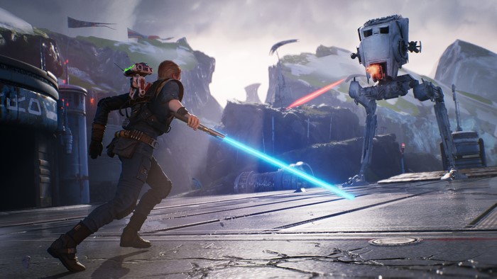 Cal Kestis from Star Wars Jedi Fallen Order fighting AT-ST 4K