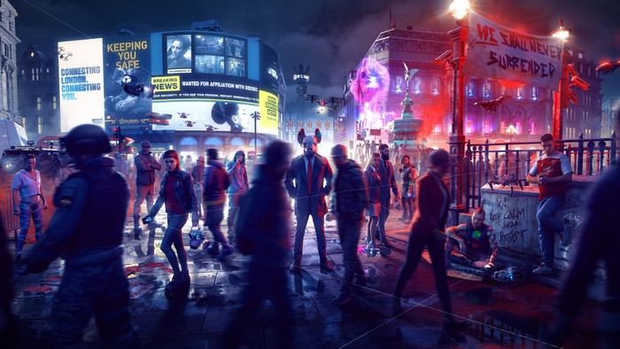 Protestors in a futuristic London square