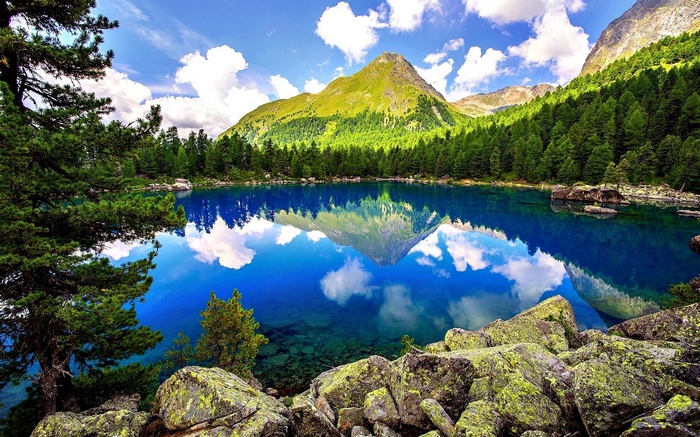 Mountain lake reflection with pine trees and rocks