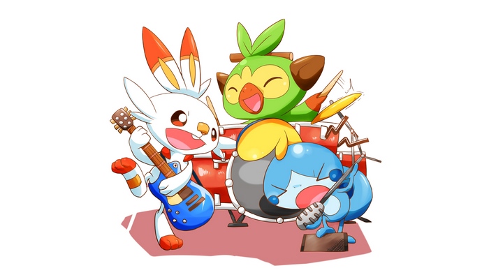 Scorbunny, Sobble, and Grooky from Pokemon Sword and Shield playing music