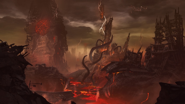 Doom Eternal Hell landscape with lava and ruins 4K