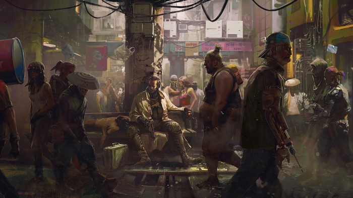 Cyberpunk 2077 street scene with diverse characters