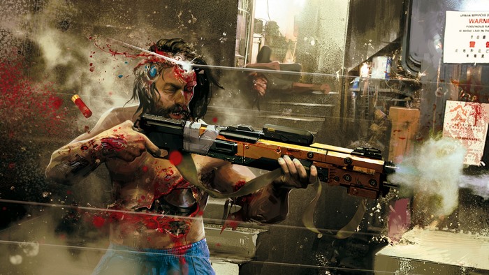 Man with shotgun wounds firing a rifle