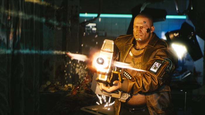 Man firing a weapon in Cyberpunk 2077 4K
