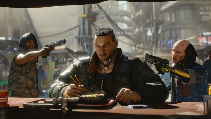 Cyberpunk 2077: Two men hold guns to a man eating noodles