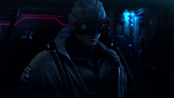 Man with cybernetic goggles in Cyberpunk 2077 4K