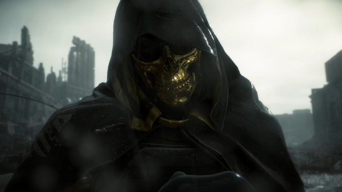 Higgs from Death Stranding wearing a gold skull mask