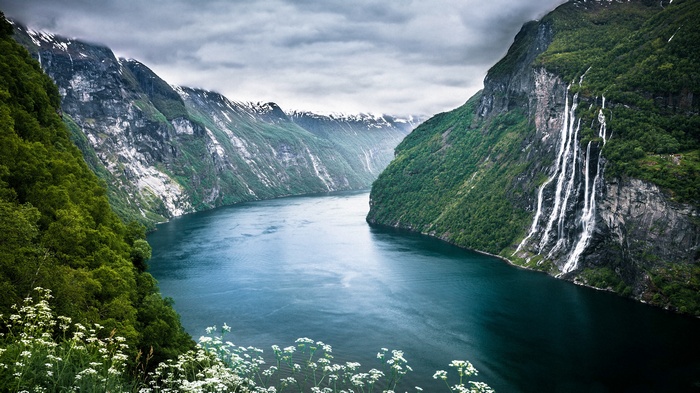 Geirangerfjord with waterfalls and mountains