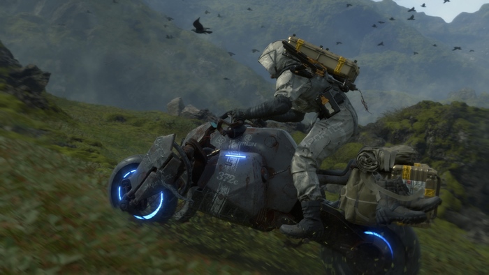 Death Stranding character on a motorcycle in a mountainous landscape 4K