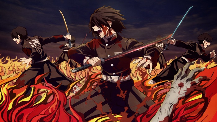 Demon Slayers in Kimetsu No Yaiba fighting in flames 4K
