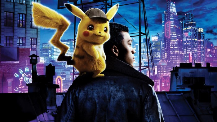 Detective Pikachu and Tim Goodman on a rooftop