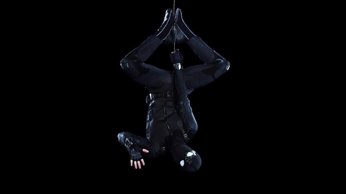 Spider-Man in Stealth Suit hanging upside down 4K