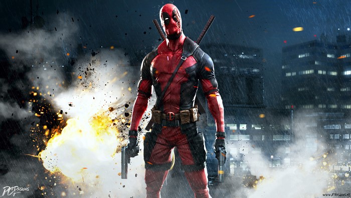 Deadpool in a city during a rainstorm with explosions