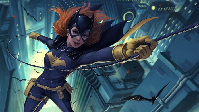 Batgirl swinging through a city at night
