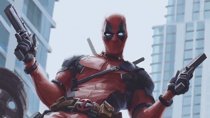Deadpool with guns in city