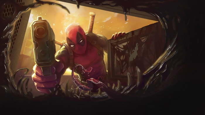Deadpool holding a gun and a broken frame