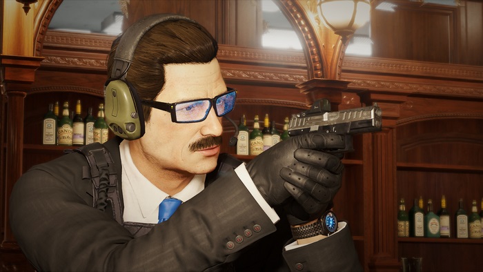Warden from Rainbow Six Siege aiming a pistol