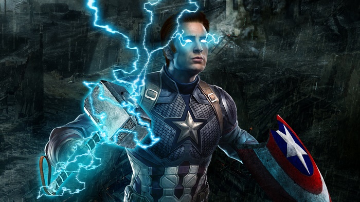 Captain America from Avengers: Endgame with Thor Hammer and Lightning 4K