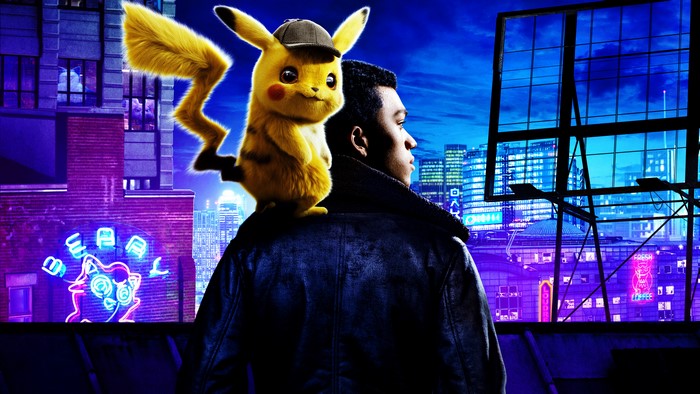 Pikachu from Detective Pikachu with a man in a city