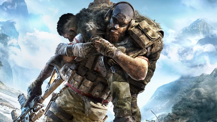 Soldier carrying injured comrade in mountains
