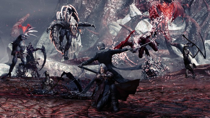 Dante and Vergil fighting demons in Devil May Cry 5