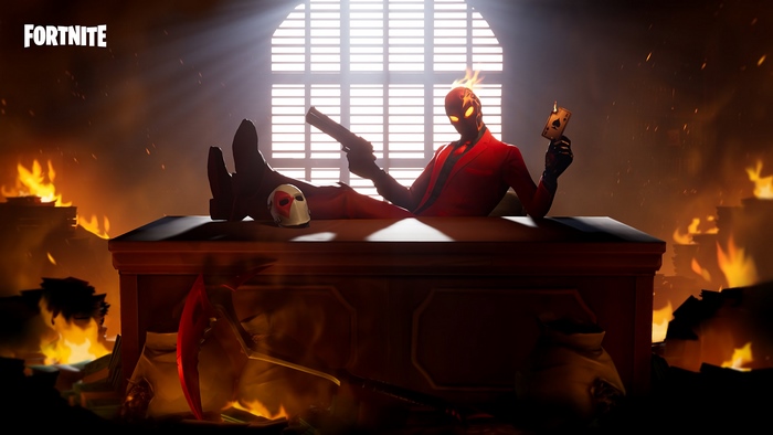 Fortnite Inferno character with a gun and card