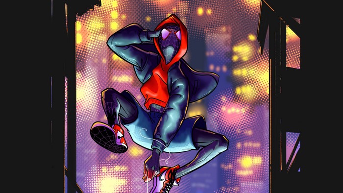 Miles Morales from Spider-Man posing in a city at night