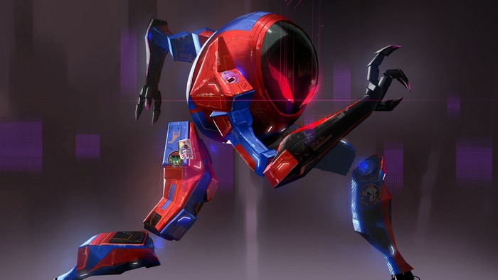 Red and blue robot with clawed hand